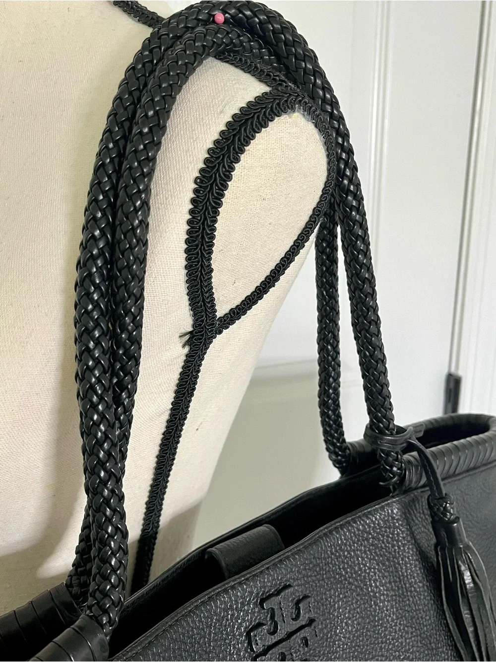 Tory Burch Black Pebbled Leather Braided-Handle Tote with Magnetic Closure